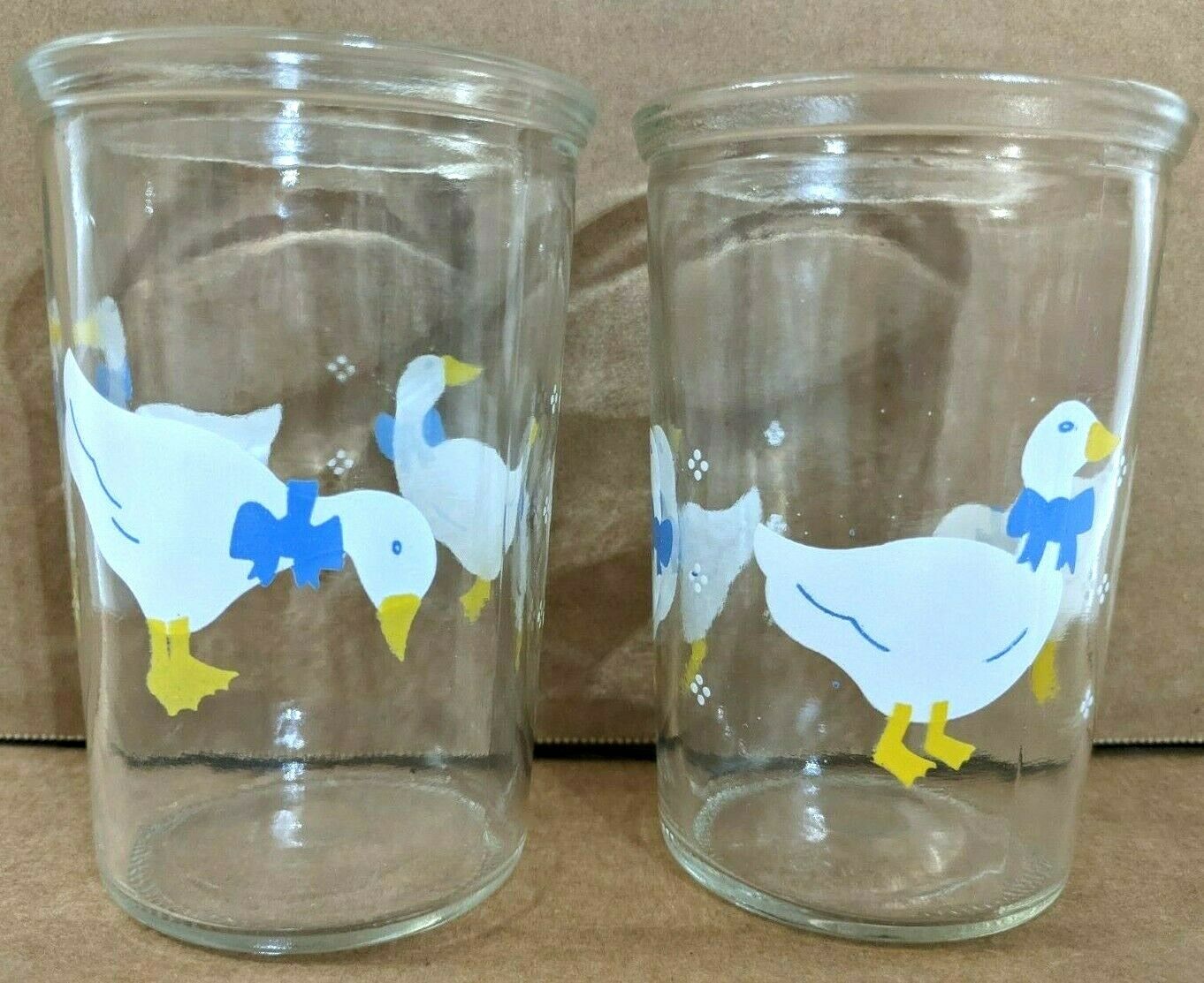 Set Of 2 Bama Jelly Jars White Ducks Blue Bows Juice Glasses Vintage - 4" Tall
